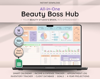 Beauty Business Template for Google Sheets Client Tracker Appointment Log Inventory Order Invoices Bookkeeping Profit & Loss Dashboard Salon