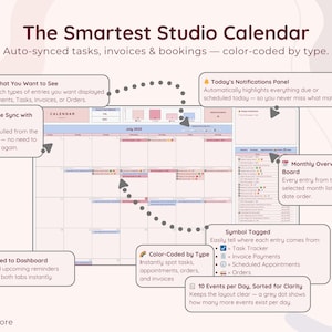 Calendar – Smart Scheduling
An auto-synced calendar that color-codes and organizes appointments, tasks, invoices, and orders in one monthly view. Instantly see what’s due today, filter by entry type, and review all events with clear symbols. Includes a monthly list view and real-time syncing from other tabs.