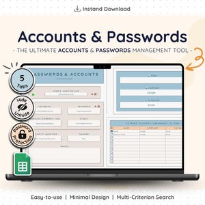 Peut inclure: Un écran d'ordinateur portable affiche un outil de gestion "Comptes et Mots de passe". L'interface comprend des sections pour la vérification de l'utilisateur, les détails du compte et un tableau pour les comptes filtrés. Icônes pour la protection par mot de passe, masquer/afficher et 5 onglets.