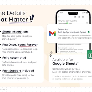 Product details for the Smart Pantry Google Sheets template, highlighting step-by-step setup instructions, one-time purchase with lifetime updates, fully automated formulas, fast customer support, and compatibility with Google Sheets across desktop, tablet, and mobile devices.