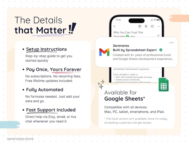 Product details for the Smart Pantry Google Sheets template, highlighting step-by-step setup instructions, one-time purchase with lifetime updates, fully automated formulas, fast customer support, and compatibility with Google Sheets across desktop, tablet, and mobile devices.