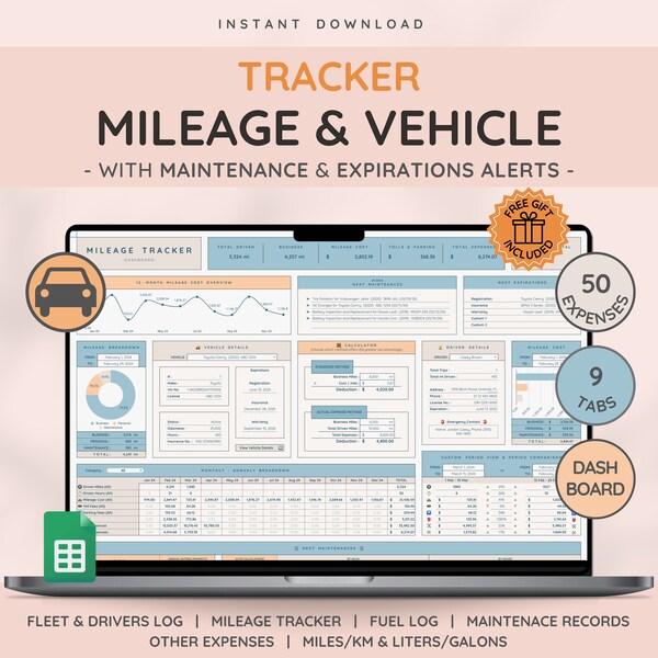 Vehicle & Mileage Tracker Log with Expenses, Fuel, Maintenance Tracker, and Mileage Calculator | Business Spreadsheet for Google Sheets