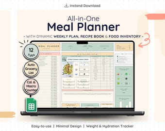 Meal Prep Planner Google Sheets Weekly Menu Template Grocery List Spreadsheet Calorie Counter Family Meal Planning Digital Food Organizer