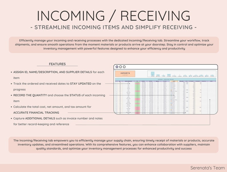 May include: A digital document titled "INCOMING / RECEIVING" with a spreadsheet interface. The document highlights features like assigning IDs, tracking dates, recording quantities, and financial tracking. The text emphasizes streamlining workflow and inventory management.