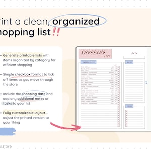 Printable shopping list layout with a clean, organized design, including categorized ingredients, quantity columns, checkboxes, shopping date, notes, and task sections. Optimized for printing or digital use to make grocery shopping faster, clearer, and more structured.
