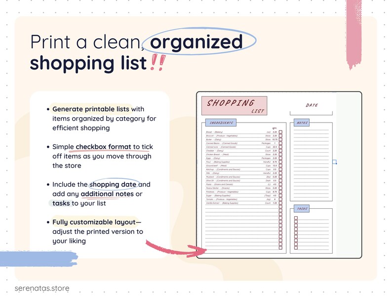 Printable shopping list layout with a clean, organized design, including categorized ingredients, quantity columns, checkboxes, shopping date, notes, and task sections. Optimized for printing or digital use to make grocery shopping faster, clearer, and more structured.