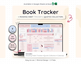 Book Tracker for Google Sheets & Excel – Reading Journal Log Spreadsheet | Pinky Color