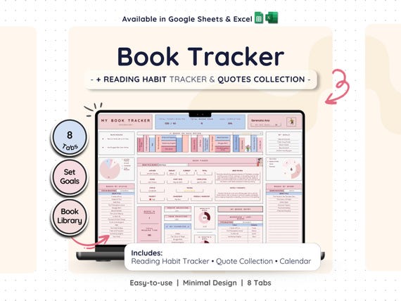 Book Tracker for Google Sheets & Excel – Reading Journal Log Spreadsheet | Pinky Color