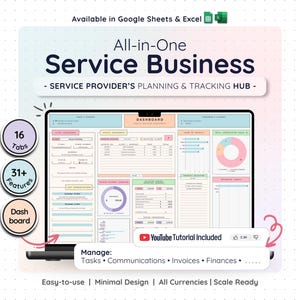 Service Business CRM Dashboard: Bookkeeping, Tasks & Invoice Tracker — Google Sheets, Excel