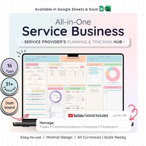 Service Business CRM Dashboard: Bookkeeping, Tasks & Invoice Tracker — Google Sheets, Excel
