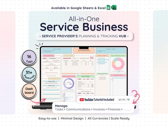 Service Business CRM Dashboard: Bookkeeping, Tasks & Invoice Tracker — Google Sheets, Excel