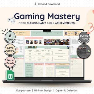 Puede incluir: Una pantalla de portátil que muestra una plantilla de "Gaming Mastery" con un diseño minimalista. La plantilla incluye secciones para detalles del juego, una galería de juegos y un calendario dinámico. El texto "Gaming Mastery" y "Bonus Theme" son visibles.