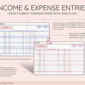 May include: A pink and blue graphic showing two spreadsheets, one labeled "Income" and the other labeled "Expense". The text "EASILY SUBMIT TRANSACTIONS WITH ONE CLICK" is at the top of the image. The text "SUMMARIES of total, net, and tax amounts for all transactions" is at the bottom of the image. The text "AUTOMATICALLY generate the NET and TAX AMOUNTS based on the total amount you enter and the tax rate you set, saving you time and reducing errors" is at the bottom of the image. The text "Serenata's Journey Team" is at the bottom of the image.