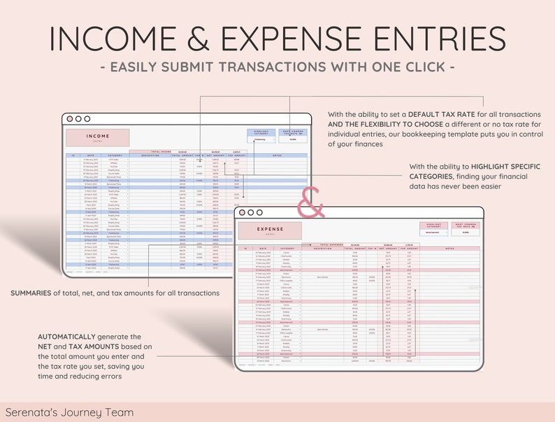 May include: A pink and blue graphic showing two spreadsheets, one labeled "Income" and the other labeled "Expense". The text "EASILY SUBMIT TRANSACTIONS WITH ONE CLICK" is at the top of the image. The text "SUMMARIES of total, net, and tax amounts for all transactions" is at the bottom of the image. The text "AUTOMATICALLY generate the NET and TAX AMOUNTS based on the total amount you enter and the tax rate you set, saving you time and reducing errors" is at the bottom of the image. The text "Serenata's Journey Team" is at the bottom of the image.