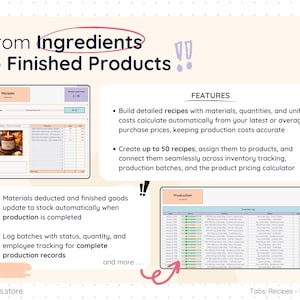 Recipe-based production tracking sheet showing materials, quantities, and automatic cost calculations based on purchase prices. Example recipe database with image preview and production log table tracking batches, quantities, and status. Materials deduct automatically and finished goods update inventory in real time. Designed for handmade or manufacturing businesses.