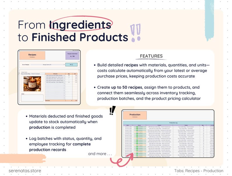 Recipe-based production tracking sheet showing materials, quantities, and automatic cost calculations based on purchase prices. Example recipe database with image preview and production log table tracking batches, quantities, and status. Materials deduct automatically and finished goods update inventory in real time. Designed for handmade or manufacturing businesses.