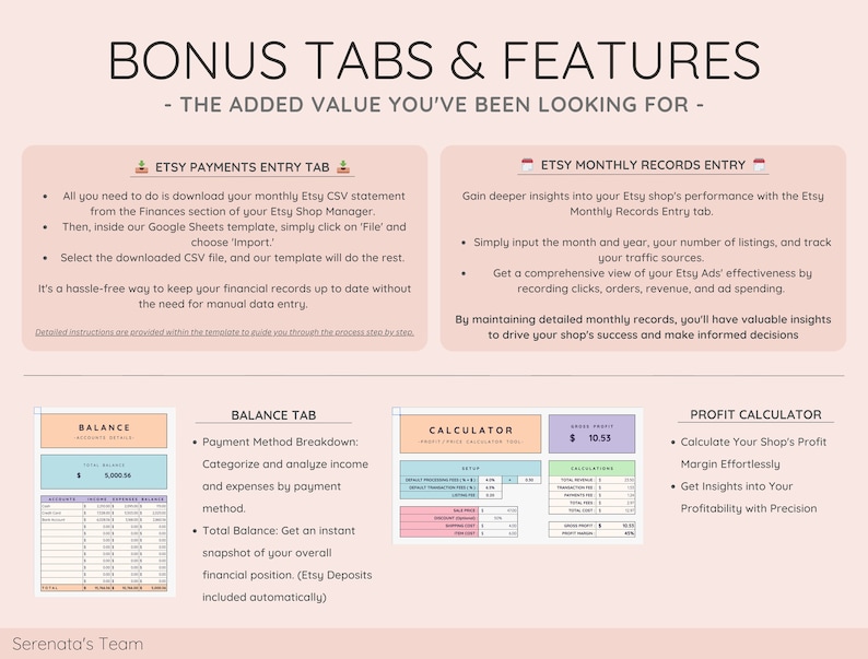 Bonus Tabs - Discover Extra Features for Better Financial Management. Explore Bonus Tools to Maximize Your Etsy Shop's Success
