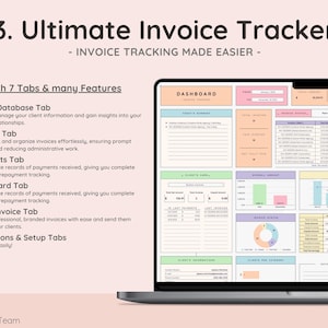 May include: A laptop computer screen displaying a spreadsheet with colorful tabs labeled "Clients Database", "Invoices", "Payments", "Dashboard", "Print - Invoice", "Instructions", and "Setup". The spreadsheet is designed to help track invoices and payments.