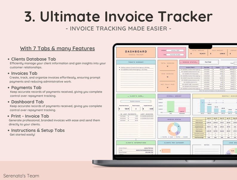 May include: A laptop computer screen displaying a spreadsheet with colorful tabs labeled "Clients Database", "Invoices", "Payments", "Dashboard", "Print - Invoice", "Instructions", and "Setup". The spreadsheet is designed to help track invoices and payments.