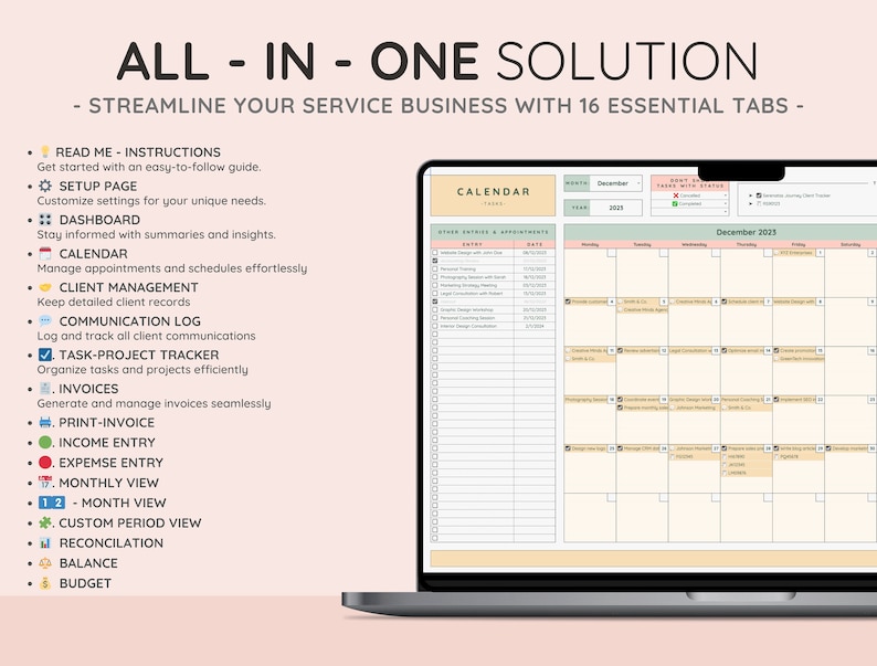 May include: A laptop computer displaying a calendar app with a December 2023 calendar view. The app has tabs for calendar, client management, communication log, task-project tracker, invoices, print-invoice, income entry, expense entry, monthly view, 12-month view, custom period view, reconciliation, balance, and budget.