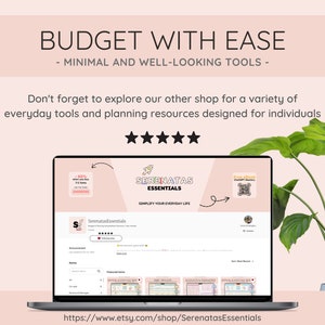 May include: A laptop computer screen displaying a website for Serenatas Essentials, a shop selling printable planning resources. The website features a rocket ship logo and the text "Simplify Your Everyday Life". The website also features a variety of printable resources, including a budget planner, a meal planner, and a habit tracker. The laptop is sitting on a table with a green plant in the background.