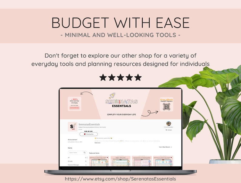 May include: A laptop computer screen displaying a website for Serenatas Essentials, a shop selling printable planning resources. The website features a rocket ship logo and the text "Simplify Your Everyday Life". The website also features a variety of printable resources, including a budget planner, a meal planner, and a habit tracker. The laptop is sitting on a table with a green plant in the background.