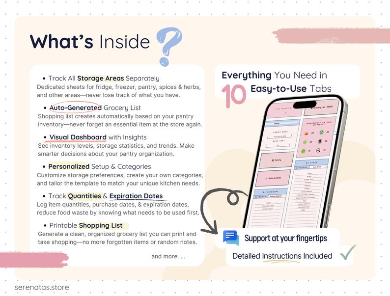 Overview of what’s included in the Smart Pantry spreadsheet template, listing features such as separate tracking for all storage areas, auto-generated grocery list, visual dashboard insights, customizable categories, quantity and expiration date tracking, and printable shopping lists, all presented in a clean and beginner-friendly layout.