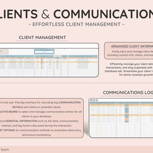 May include: A digital marketing graphic with the title "CLIENTS & COMMUNICATIONS" and the subtitle "EFFORTLESS CLIENT MANAGEMENT." The image showcases a client management interface, organized client information, and a communications log, all designed for business growth.