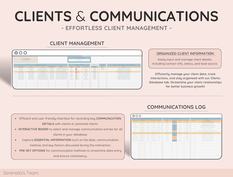 May include: A digital marketing graphic with the title "CLIENTS & COMMUNICATIONS" and the subtitle "EFFORTLESS CLIENT MANAGEMENT." The image showcases a client management interface, organized client information, and a communications log, all designed for business growth.