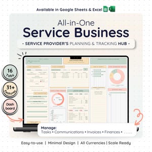 May include: A laptop screen displaying a digital dashboard for a service business. The dashboard, labelled "All-in-One Service Business," shows data and charts. Text includes "16 Tabs," "31+ Features," and "Dashboard." Designed for service providers.