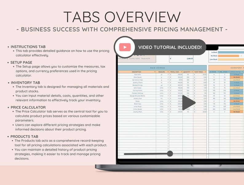 Comprehensive pricing management for business success. Discover the Setup, Instructions, Inventory, Price Calculator, and Products tabs, each equipped with efficient tools and features for optimal pricing management.