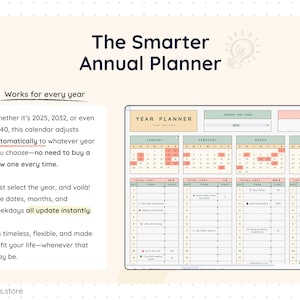 Smart annual planner spreadsheet that automatically adjusts to any selected year, whether current or future. The image shows dynamic calendars, auto-updating months and weekdays, and a flexible layout designed for long-term use. Users can reuse the same planner every year without buying a new one, making it a timeless and adaptable planning tool.