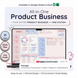 Product Business Planner Google Sheets Excel Bookkeeping Inventory Sales Invoice Expense Tracker CRM Order Management Template System