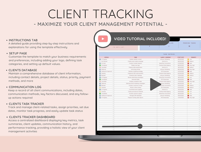 Client & Task Tracker Business Planner Spreadsheet | Communication Log ...