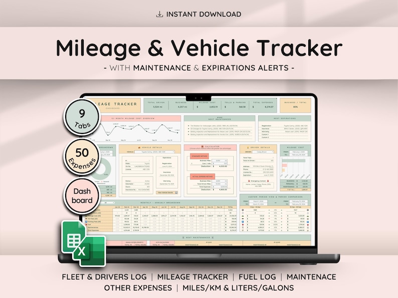 Vehicle Mileage Tracker Google Sheets Excel Car Expense Log Fuel ...