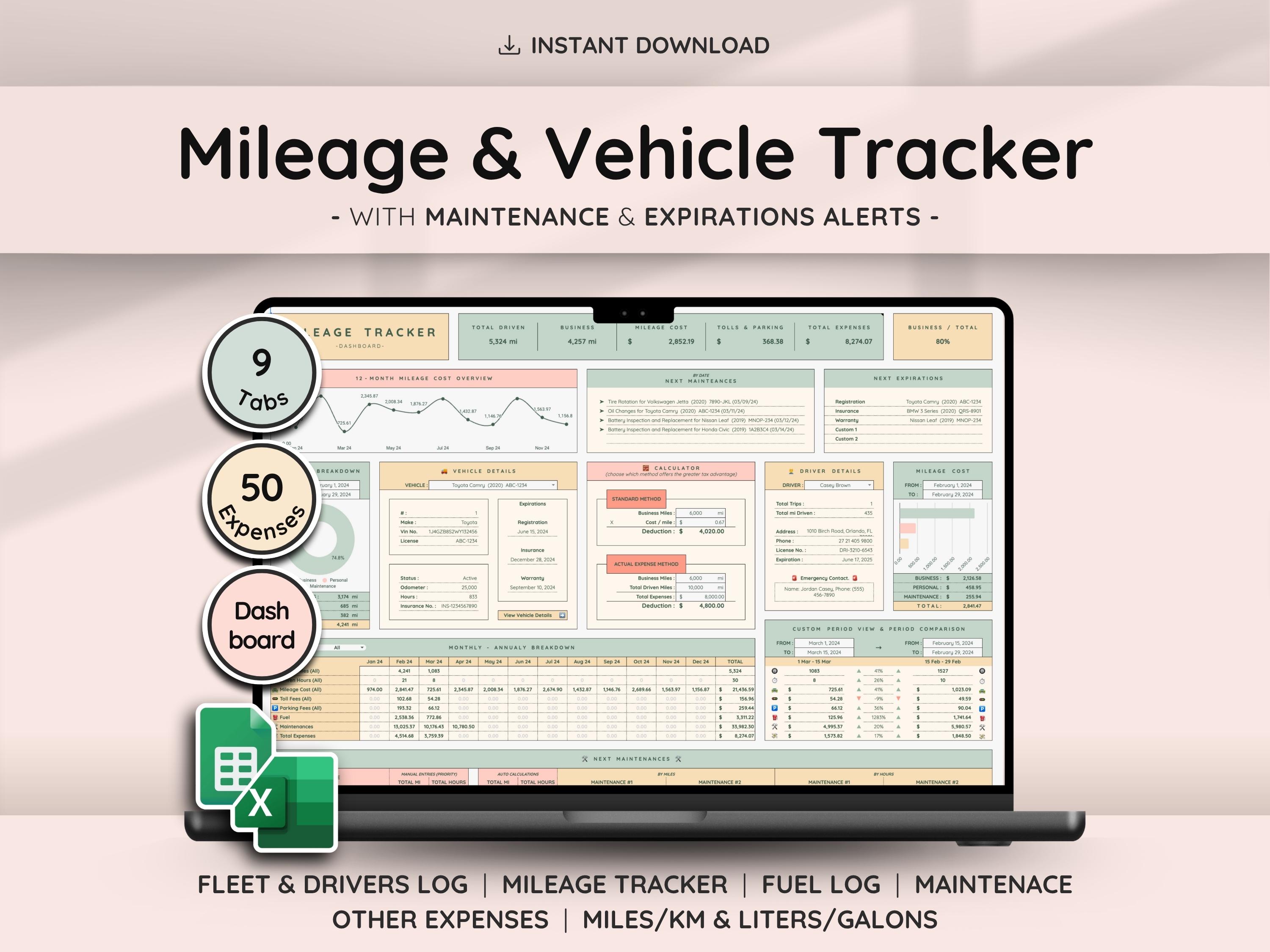 Vehicle Mileage Tracker Google Sheets Excel Car Expense Log Fuel ...