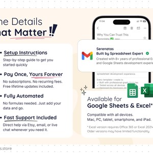 Information panel listing setup instructions, one-time payment with lifetime access, full automation, and fast support. Icons indicate availability for Google Sheets and Excel, with compatibility across desktop, tablet, and mobile devices.