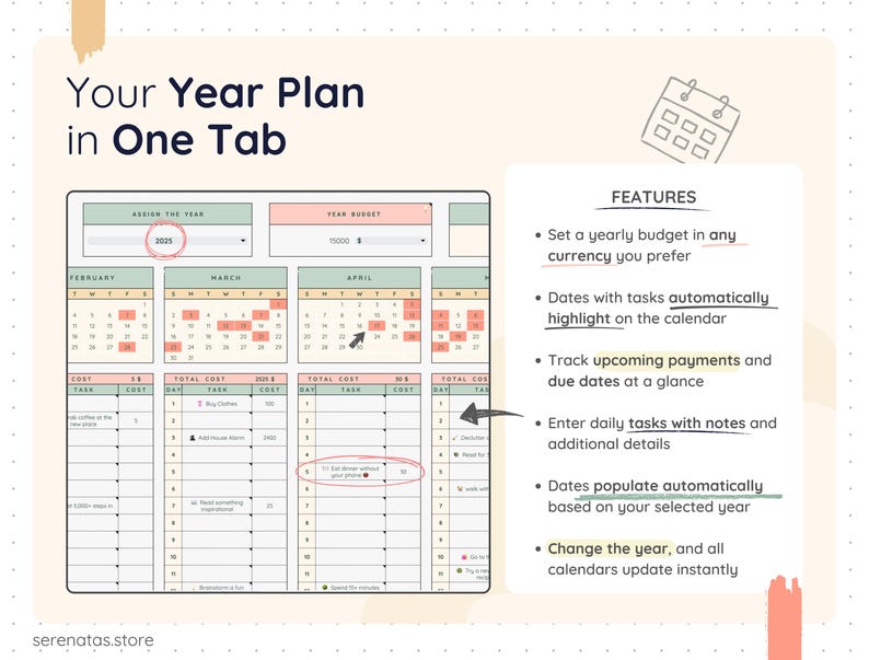 Easy Annual Planner layout showing the entire year planned in one single tab, including automatic yearly calendar, monthly sections, daily task entries with notes and costs, highlighted task dates, and budget totals. The spreadsheet automatically updates dates based on the selected year and allows users to track tasks, payments, and expenses in one organized view.