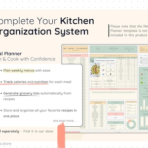 Smart Pantry shown as part of a complete kitchen organization system, alongside a separate meal planner template. Highlights how pantry tracking supports meal planning, recipe organization, grocery list generation, and overall kitchen efficiency. Meal planner not included in this product.