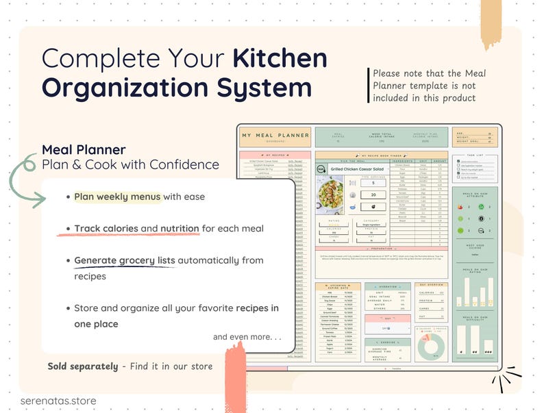 Smart Pantry shown as part of a complete kitchen organization system, alongside a separate meal planner template. Highlights how pantry tracking supports meal planning, recipe organization, grocery list generation, and overall kitchen efficiency. Meal planner not included in this product.