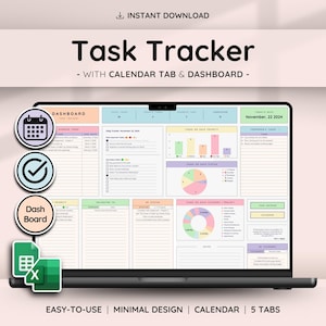 May include: A laptop displays a digital task tracker with a dashboard, calendar, and 5 tabs. The screen shows charts, graphs, and lists for organizing tasks. The words "Task Tracker" and "Instant Download" are visible.