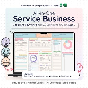 Puede incluir: Una pantalla de portátil muestra un panel digital para un negocio de servicios, con el texto "All-in-One Service Business". La interfaz incluye 16 pestañas y más de 31 funciones, con opciones para gestionar tareas, comunicaciones, facturas y finanzas.