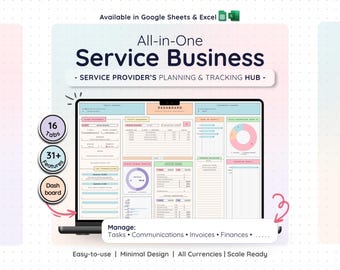 Może przedstawiać: Ekran laptopa wyświetla cyfrowy pulpit nawigacyjny dla firmy usługowej z tekstem "All-in-One Service Business". Interfejs zawiera 16 zakładek i ponad 31 funkcji, z opcjami zarządzania zadaniami, komunikacją, fakturami i finansami.