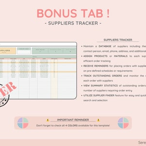 Puede incluir: Plantilla digital para un rastreador de proveedores, mostrada sobre un fondo rosa claro. La plantilla incluye secciones para detalles del proveedor, seguimiento de pedidos y recordatorios. El texto incluye "Bonus Tab!" y "Suppliers Tracker."