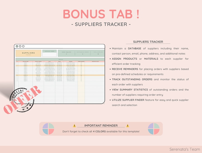 Puede incluir: Plantilla digital para un rastreador de proveedores, mostrada sobre un fondo rosa claro. La plantilla incluye secciones para detalles del proveedor, seguimiento de pedidos y recordatorios. El texto incluye "Bonus Tab!" y "Suppliers Tracker."