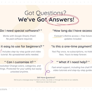 Frequently asked questions section for the Smart Pantry Google Sheets template, answering common questions about software requirements, beginner friendliness, customization options, one-time payment, lifetime access, and customer support availability through email and live chat.