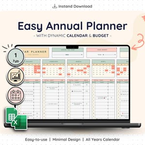 May include: A laptop screen shows an "Easy Annual Planner" with a dynamic calendar and budget. The planner has a clean design with sections for each month, budget tracking, and task management. The image includes icons and the text "Easy-to-use | Minimal Design | All Years Calendar."