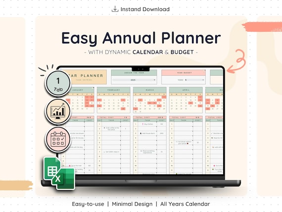 Annual Planner Google Sheets Excel Yearly Task Tracker Calendar Template Monthly Daily Productivity Spreadsheet Digital Goal Setting