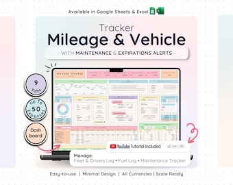 May include: A digital mileage and vehicle tracker spreadsheet displayed on a laptop screen. The interface features sections for maintenance and expiration alerts, a dashboard, 9 tabs, and a fuel log. Text includes Tracker Mileage & Vehicle, YouTube Tutorial Included, and Manage: Fleet & Drivers Log, Fuel Log, Maintenance Tracker.