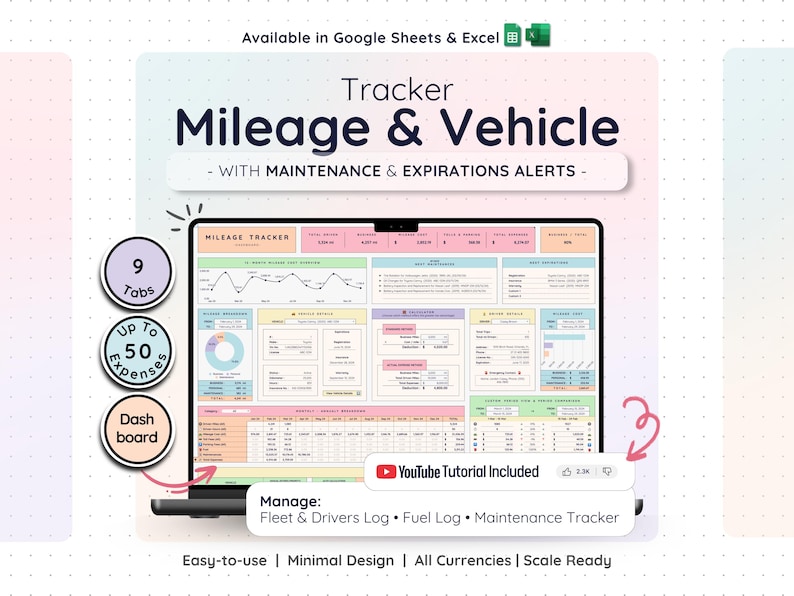 May include: A digital mileage and vehicle tracker spreadsheet displayed on a laptop screen. The interface features sections for maintenance and expiration alerts, a dashboard, 9 tabs, and a fuel log. Text includes Tracker Mileage & Vehicle, YouTube Tutorial Included, and Manage: Fleet & Drivers Log, Fuel Log, Maintenance Tracker.